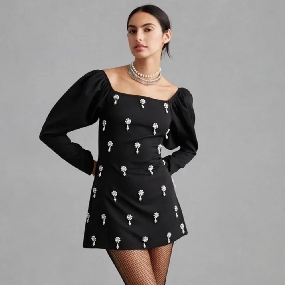 Anthropologie Not So Serious-Elegant Black Dress with White Floral Accents